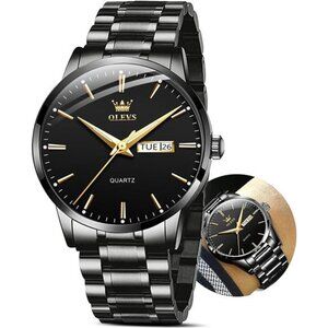 Stainless Steel Man Watch with Date, Luminous Quartz Mens Watches Black